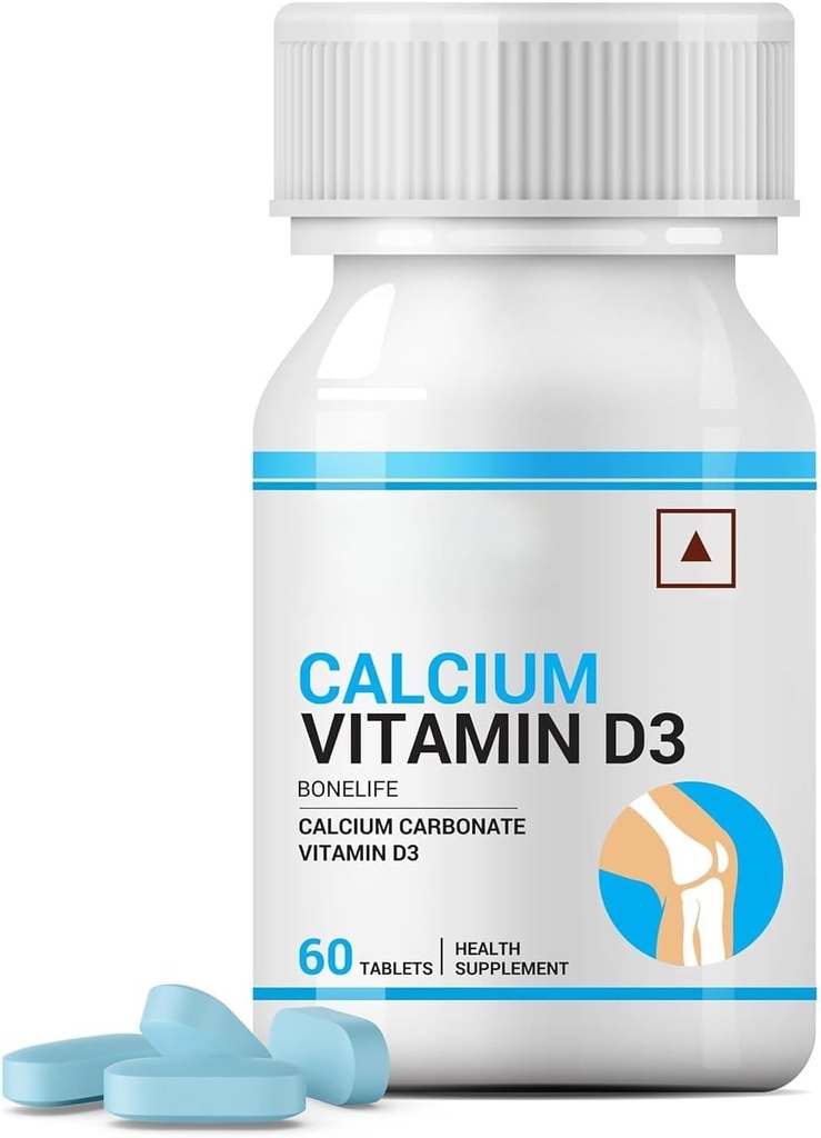 Calcium e Vitamina D3 Compresse per Uomini Donne | Carbonato di calcio Supplemento per Bone e Supporto Congiunto - 60 compresse (Pacchetto di 1, 60)