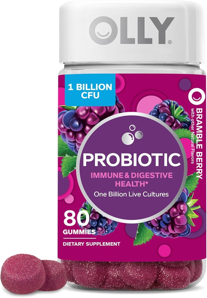 Gomma Probiotica OLLY, Supporto Immune e Digestivo, 1 miliardo di CFU, Integratore Probiotico Masticabile, Berry, Alimentazione 40 giorni - 80 Conte