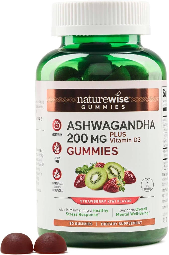 NatureWise Ashwagandha Gummies - Fragola Kiwi - KSM-66 con vitamina D3 - Supporto calmante per l'umore - Vegetariano - Non OGM, Gelatina e Gluten Free - 90 Conte[45-Day Supply]