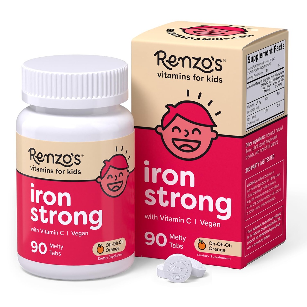 Supplementi di ferro di Renzo per bambini, supplemento di ferro vegani dissolvibile con vitamina C, schede di Melty senza zucchero, aroma d'arancia, 90-Count