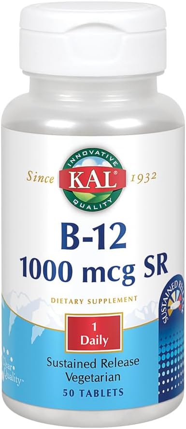KAL B-12 1000 mcg rilascio prolungato | Metabolismo sano, energia, Nerve & Red Blood Cell Support | Vegetariano | Lab verificato | 50 compresse