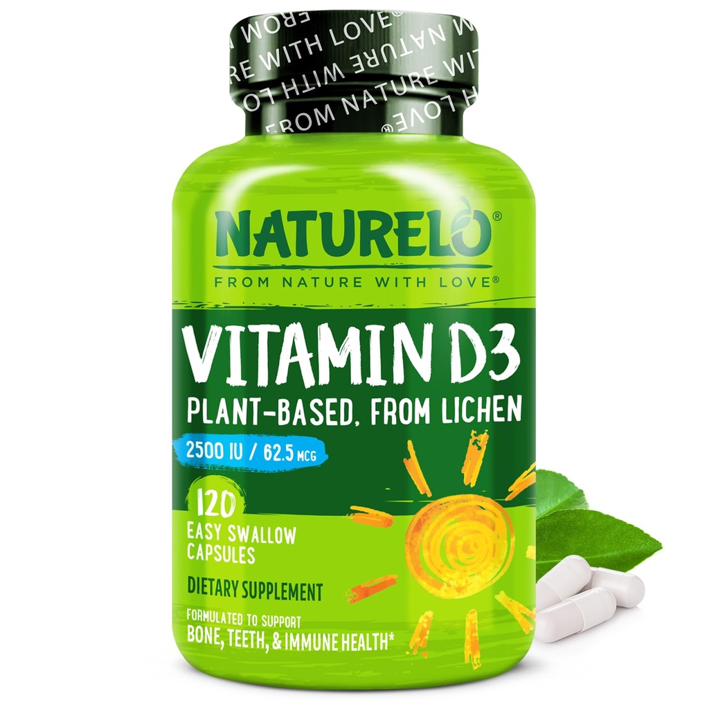NATURELO Vitamina D - 2500 IU - Impianto Basato da Lichen - Integratore D3 Naturale per Sistema Immune, Supporto Bone, Salute Congiunta - Vegan - Non OGM - Gluten Free - 120 Capsule