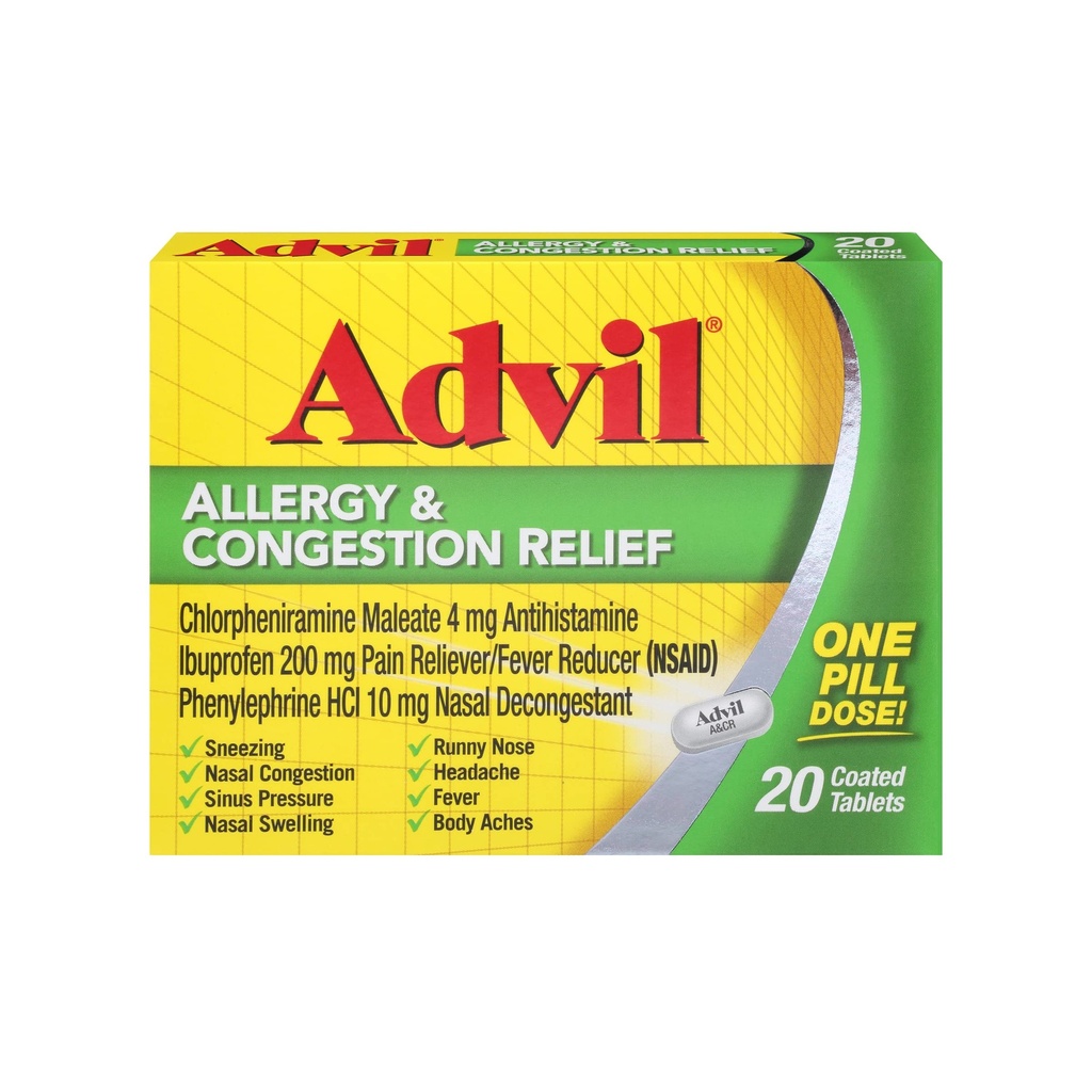 Advil Allergy and Congestion Relief Tablets, Dolore Reliever, Riduttore di febbre e Allergy Relief con Ibuprofene, Fenolephrine HCl e Chlorpheniramine Maleate 4 mg - 20 compresse rivestite