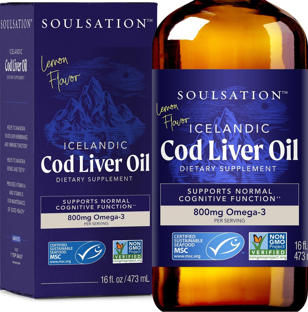 Liquido dell'olio del fegato del cod islandese, limone (16oz) - Vitamine A & D, EPA & DHA - Aiuta Visione, Membrane della pelle e Funzione immunitaria - Certificato MSC, Non OGM