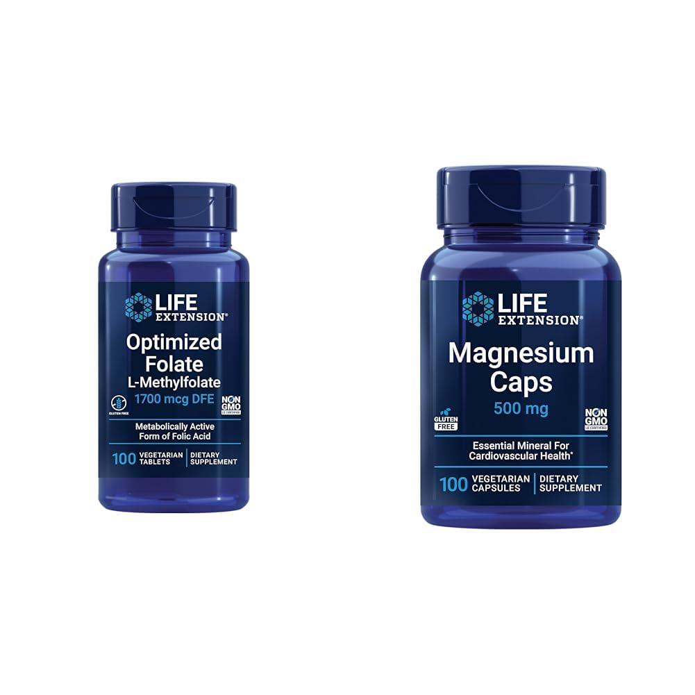 Brain & Heart Health Folate e Magnesio Supplemento Bundle, 100 compresse e 100 capsule