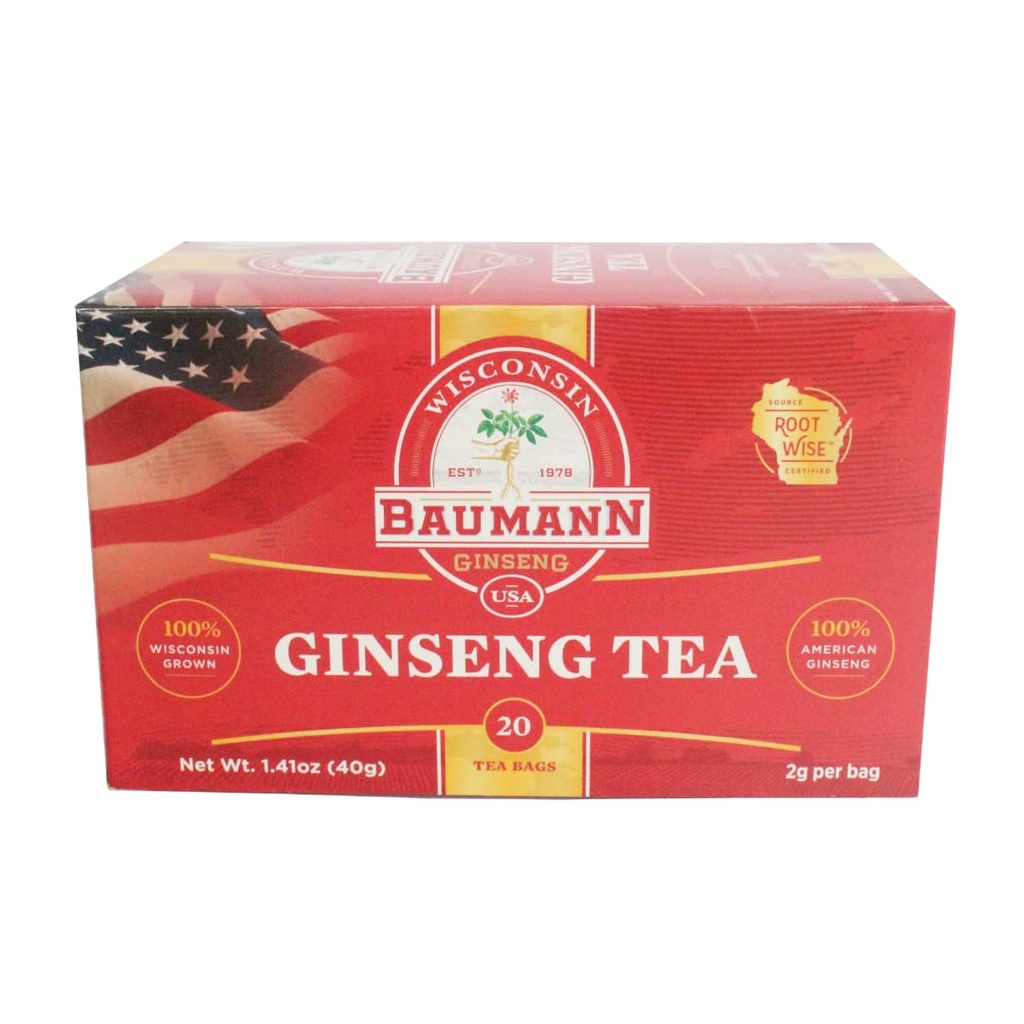 Baumann Premium American Ginseng Tea Bags (20 sacchetti di tè) - Autentico Panax Wisconsin Cresciuto Panax Ginseng Herbal Tea - tè verde sano con Ginsenosides antiossidante per maggiore concentrazione & energia