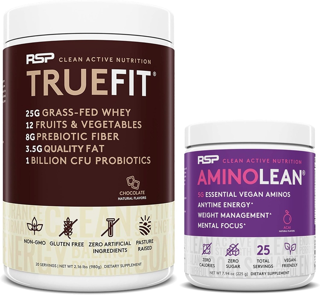 RSP NUTRITION Vegan AminoLean Pre Workout Energy (Acai 25 Serve) con TrueFit Protein Powder (Chocolate 2 LB)
