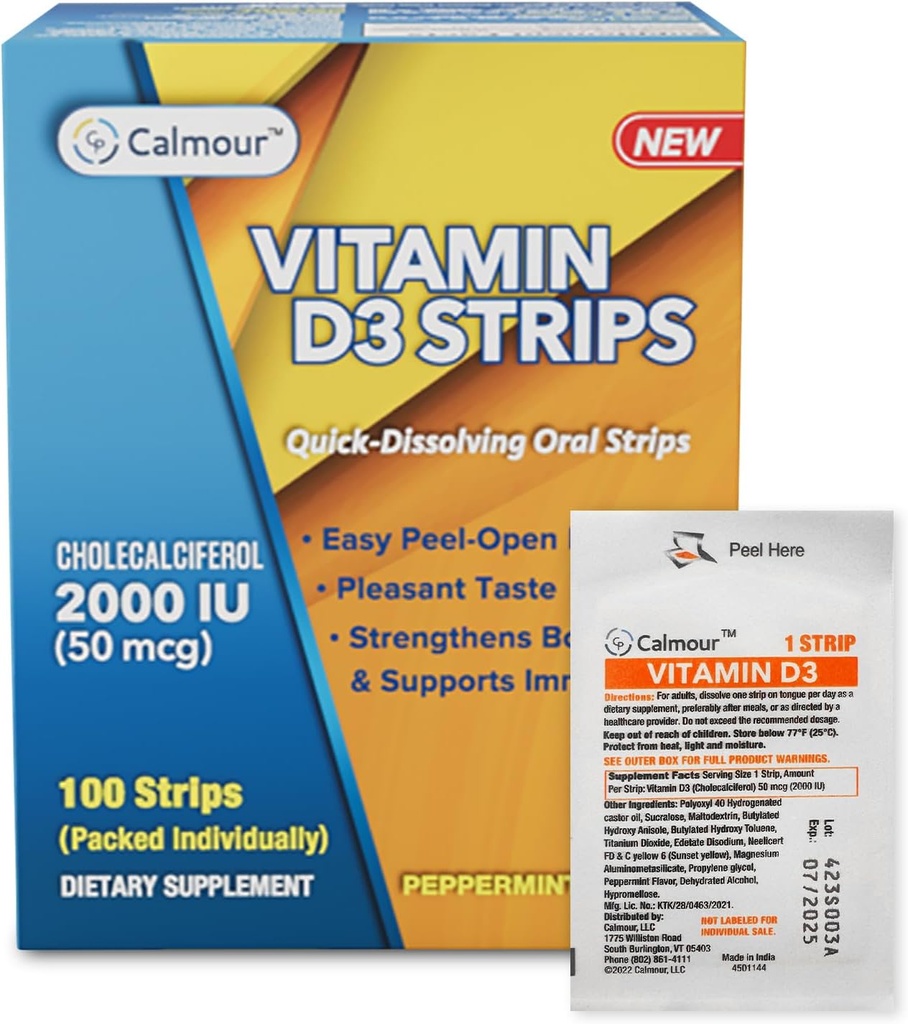 Vitamina D3 Strips 100 Pack| 2000 IU Oral Dissolvable D3 Vitamin Strips | Peppermint Flavor Melts on Your Tongue in 30 secondi | Boost Immunity & Enhance Mental Focus with Vitamin D3 2000