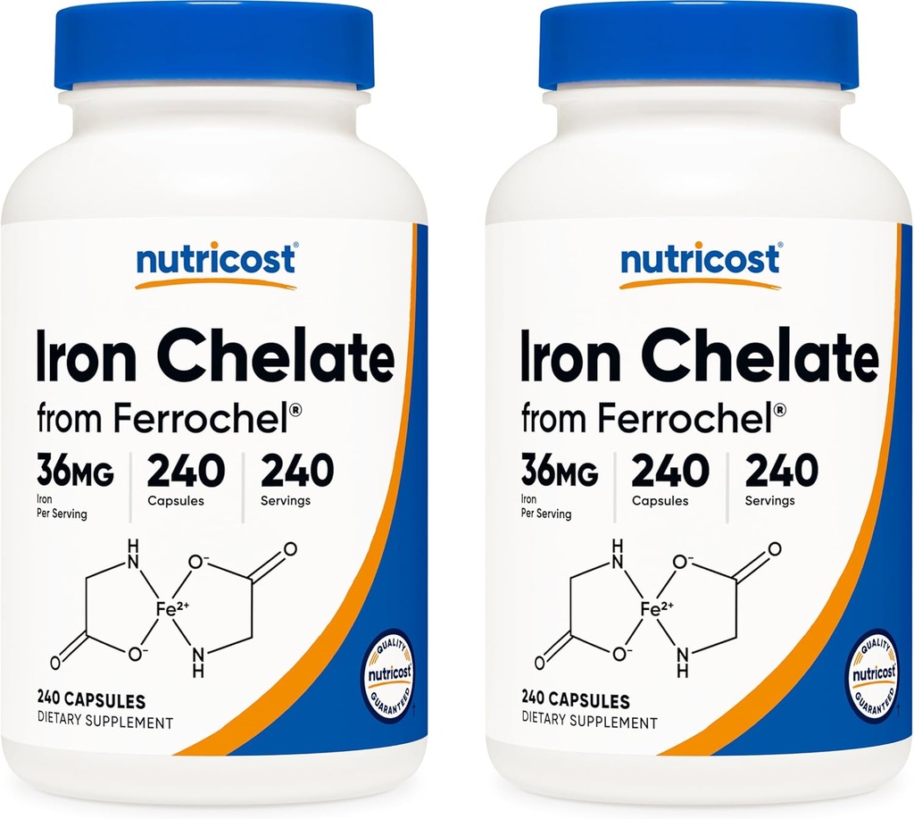 Ferro chelato Nutricost, Come Ferrochel, 36mg, 240 capsule (2 bottiglie)