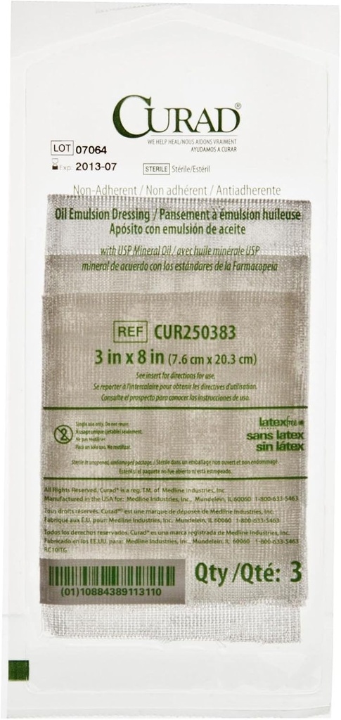 CURAD Sterile Non-Adherent Oil Emulsion Gauze Dressing, 3" x 8", Perfetto per la cura dei tessuti, Confezione da 648