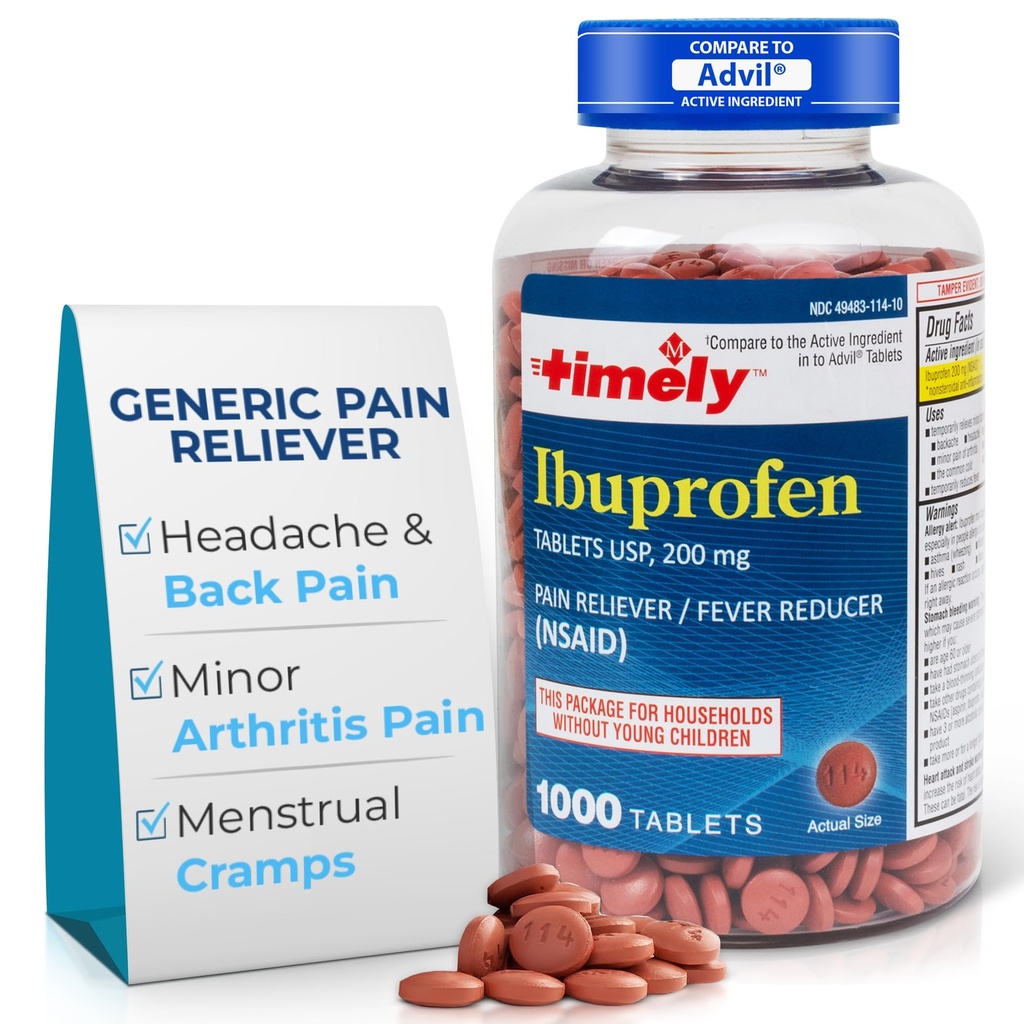 TIME-CAP Los Angeles, INC. Timely Ibuprofen 200mg 1000 compresse - Tablet di sollievo del dolore e Riduttore di febbre - per il sollievo di mal di testa, dolore mestruale, dolori di denti, muscolare, artrite dolore e dolori corpo