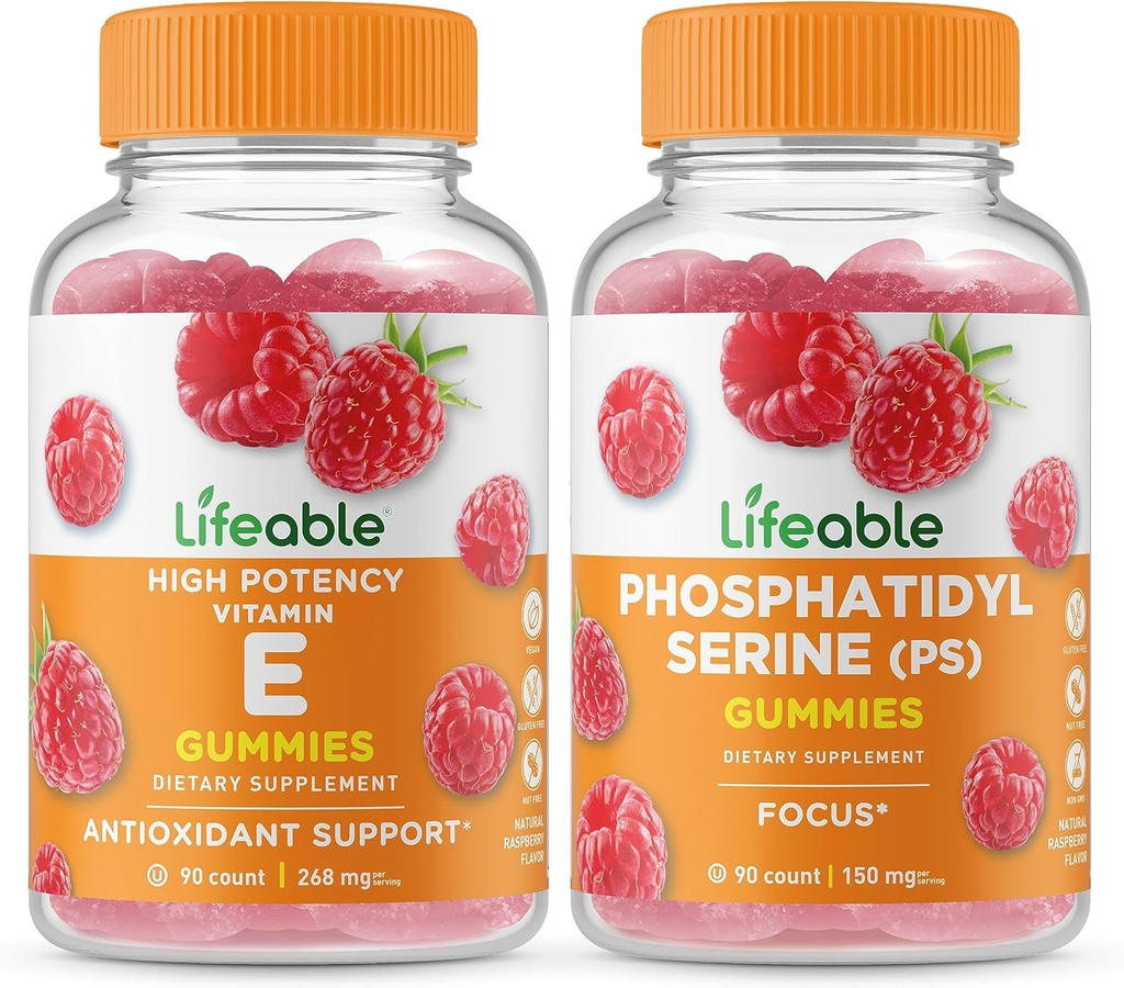 Vitamina vitale E + Phosphatidylserine (PS), Gummies Bundle - Grande degustazione, Supplemento di vitamina, Senza glutine, OGM libero, pancia masticabile
