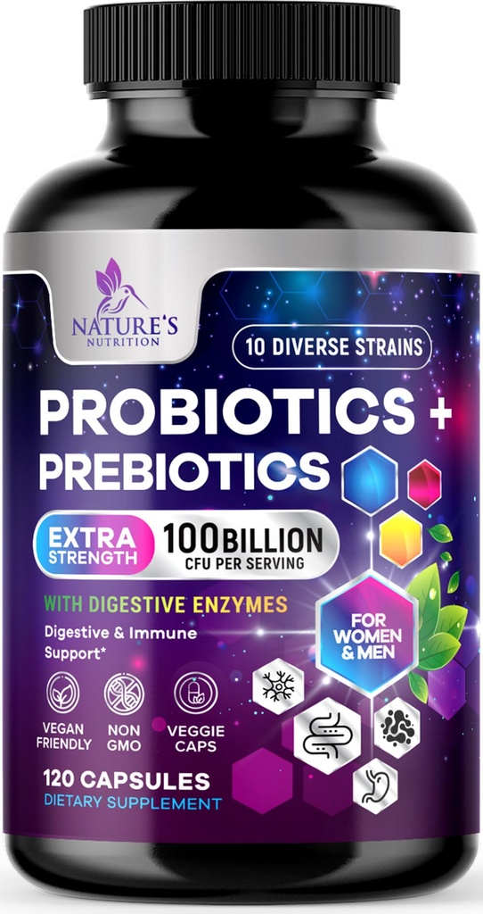 Probiotici 100 miliardi di CFU Per Serving - 10 Strains Premium + Prebiotici - Miglior integratore probiotico per le donne e gli uomini - Supporta Immune, Salute Digestiva, Costipazione Occasionale & Gas - 120 capsule