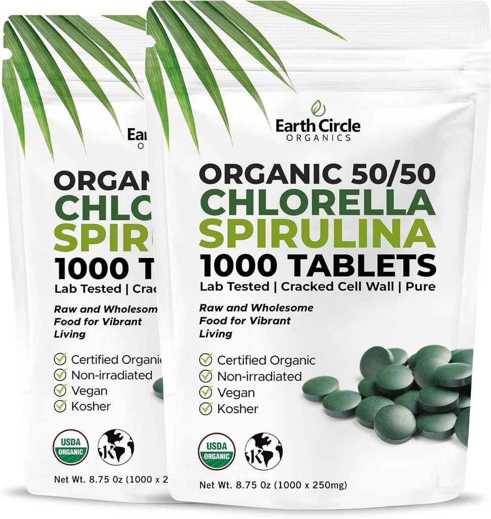 Premium Organic CHLORELLA /SPIRULINA 1000 compresse (50/50) Kosher, Vegan - Green Algae Superfood, Cracked Cell Wall, Chlorophyll, High in Protein & Iron, no additivi, o riempitivi 8.75 Oz (2 Pack)