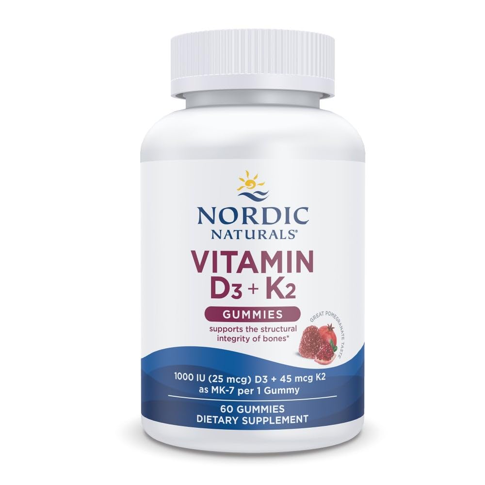 Nordic Naturals Vitamina D3 + K2 Gummies, Melograno - 60 Gummies - 1000 IU Vitamina D3 + 45 mcg K2 - Grande Gusto - Bone Salute, promuove la funzione muscolare sana - Non-GMO - 60 Serve