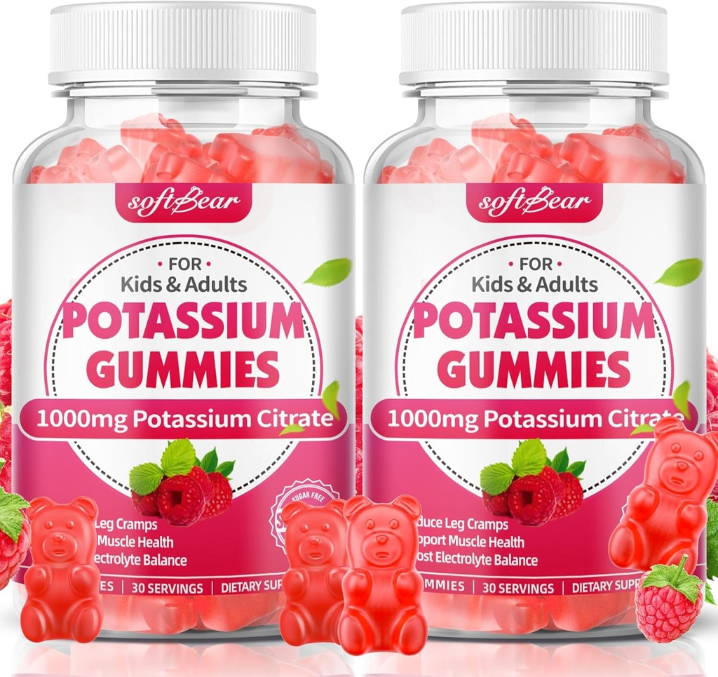 Softbear Citrato di potassio 1000mg Gummies – Gummie di potassio ad alto assorbimento per il supporto muscolare & Electrolyte Balance – Supplemento di potassio per le donne e gli adulti, Vegan, Sapore di lampone (120 Conte)