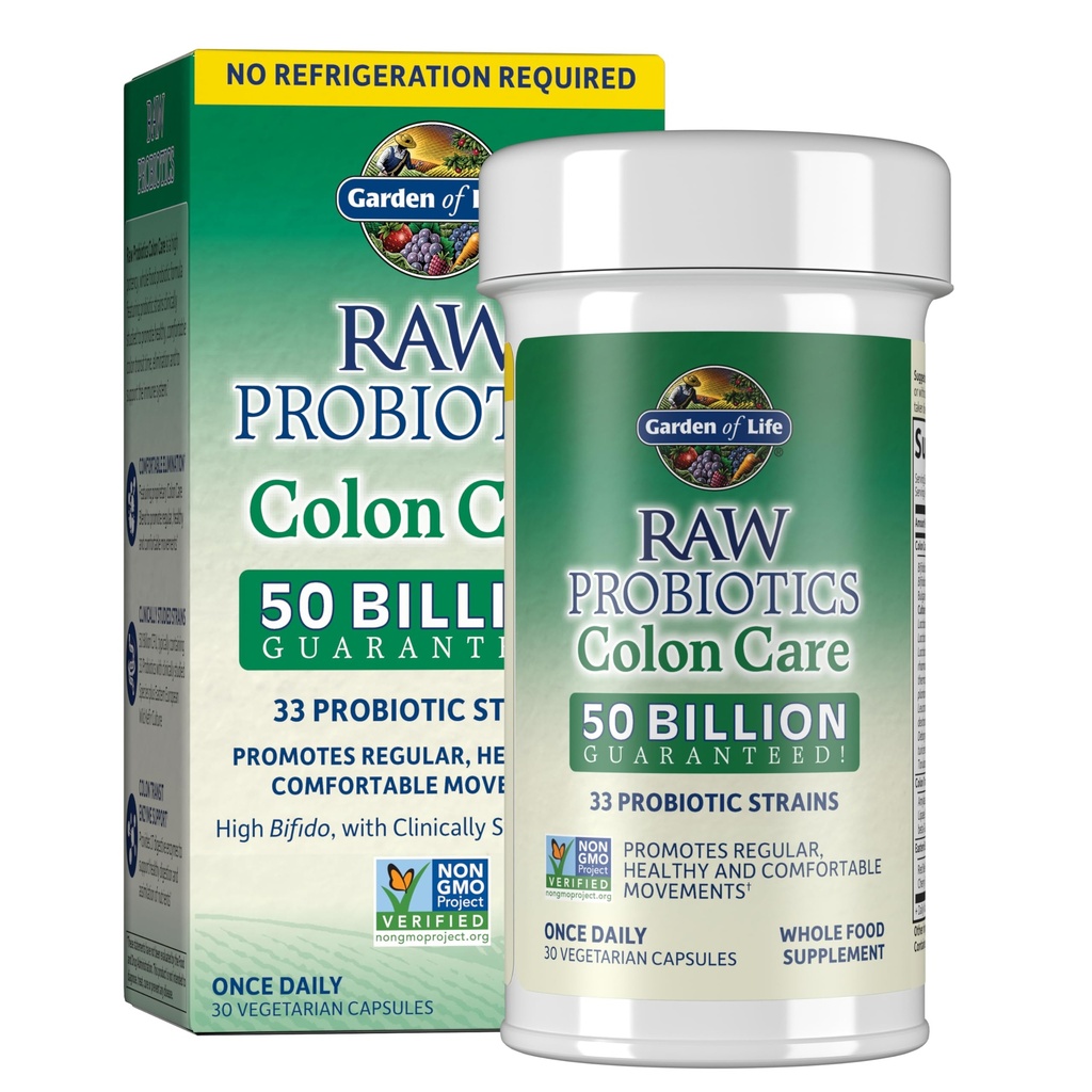 Garden of Life Probiotics for Women and Men - Raw Probiotics Colon Care 50 Billion CFU and Enzymes, Shelf Stable Once Daily Acidophilus Probiotics for Regularity and Immune Health Support, 30 Capsule
