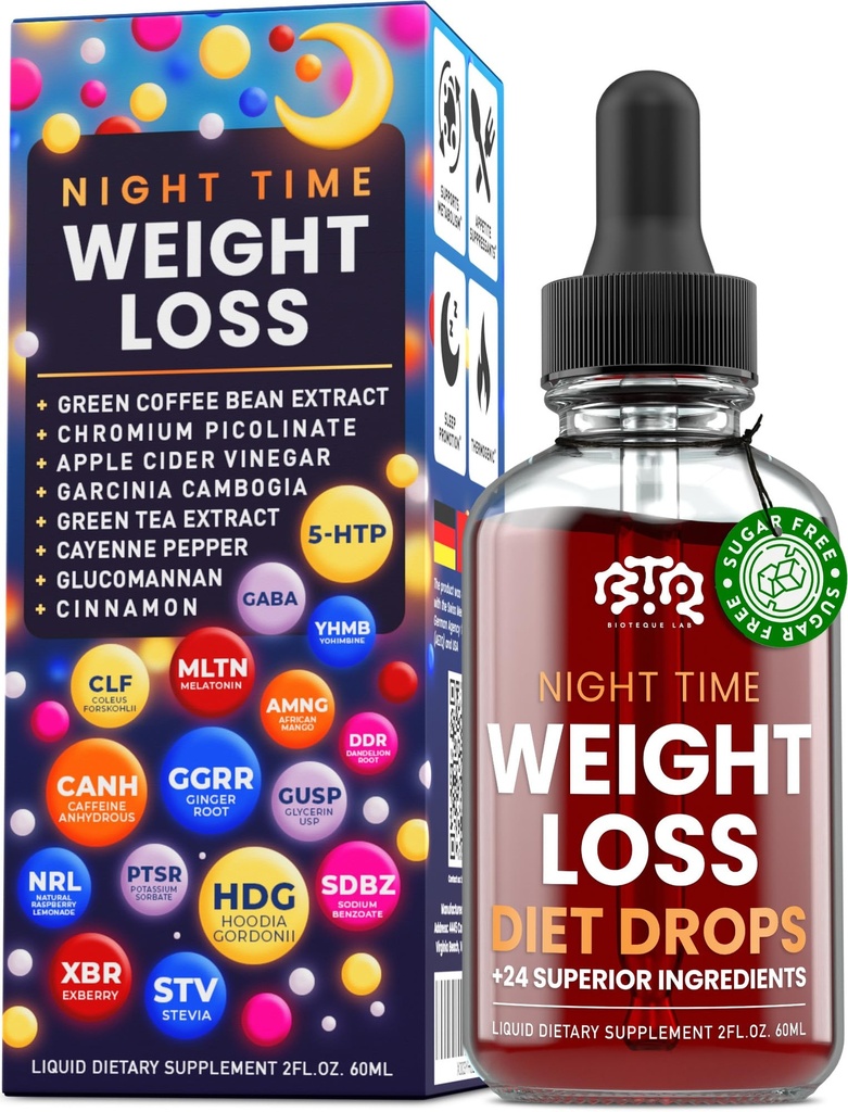 Perdita di peso di notte Gocce di dieta - Controllo appetito, Bruciatore grasso, Metabolismo Booster - Aceto di sidro di mele - Cannella - Pepe di Cayenne