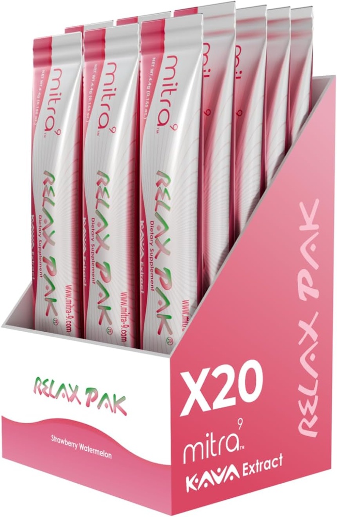 Mitra9 Kava Polvere RelaxPak - Fragola Watermelon Kava Estratto di polvere Packets | Mood Enhancer | Plant Based | Promuove la calma naturale & Clarity | Easy Open Single-Serving Stick (20)