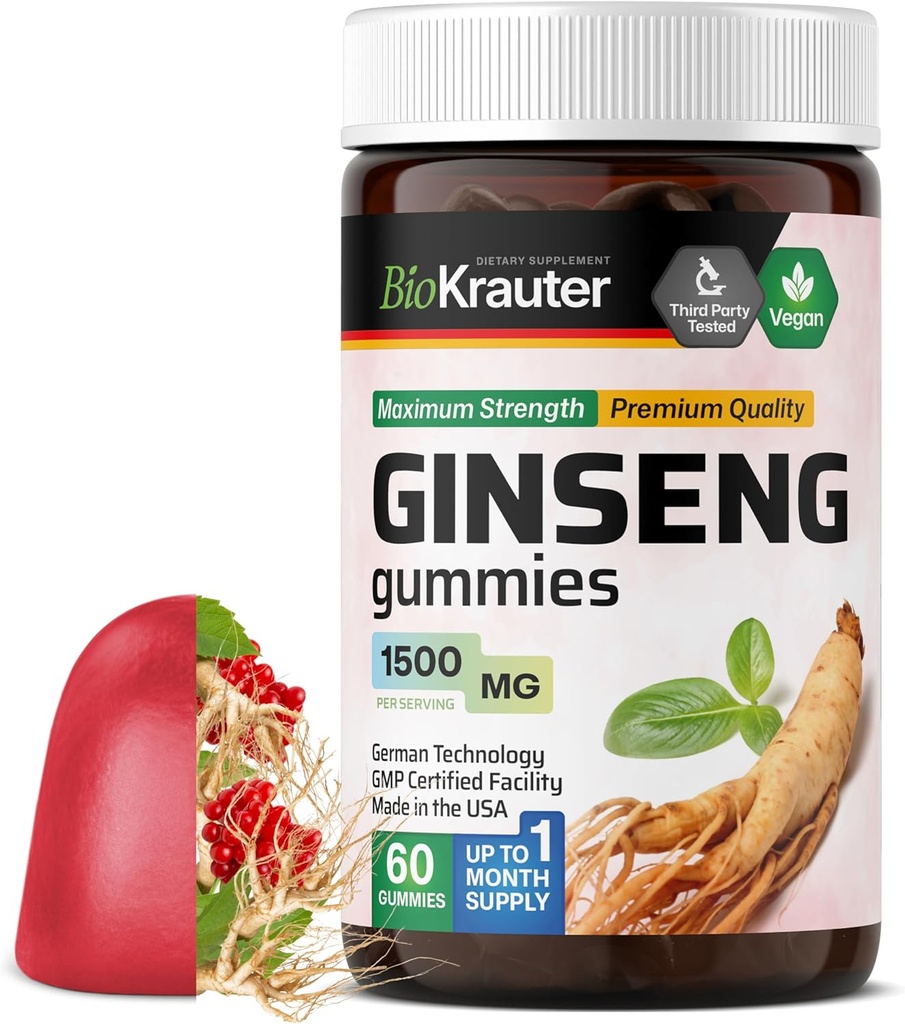 BIO KRAUTER Panax Ginseng Gummies - 1500 mg di resistenza - 60 conte - Masticabile supplemento di Ginseng rosso - Supporto immunitario Gummies - Vegan, Pectin-Based, Non OGM