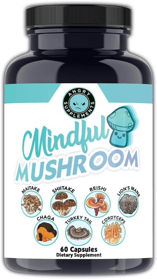 Angry Supplements Mindful Mushrooms Capsules - 7in1 Premium Health Shroom Blend of Maitake, Shiitake, Reishi, Turkey Tail, Cordyceps, Lions Mane e Chaga Mushrooms (60ct)