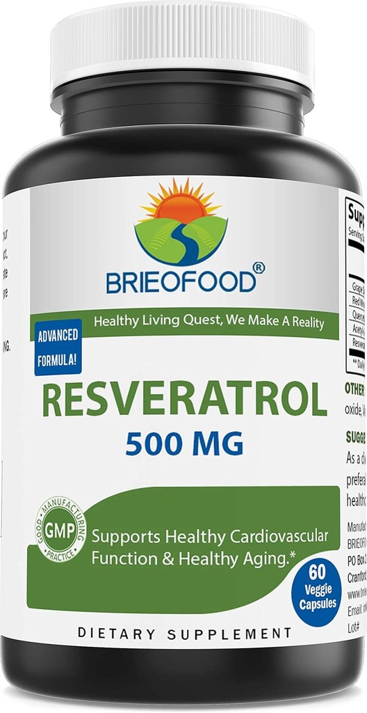 Brieofood Resveratrolo 500mg - Integratore naturale antiossidante per la salute del sistema cardiovascolare e immunitario - 60 capsule vegetali