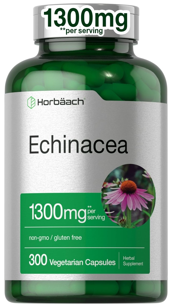 Horbäach Echinacea Extract Capsule 1300mg | 300 Count | Vegan, Non OGM, Gluten Free Supplement