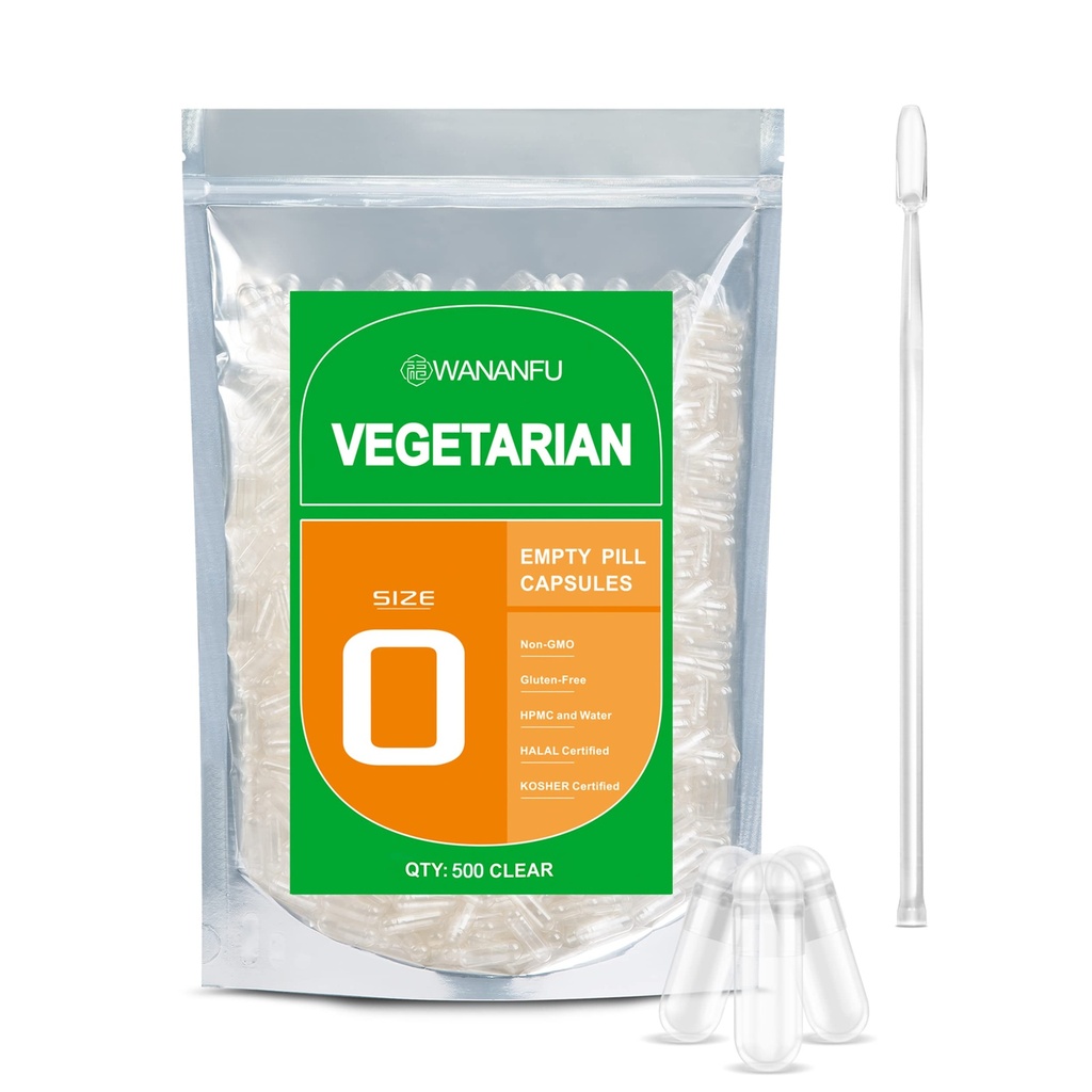 wananfu dimensione 0 capsule vuote vegetariano (500 conteggio) bundle con Micro Lab Spoon, Clear Fillable Veggie Pill Capsules dimensione 0 per fare i vostri supplementi