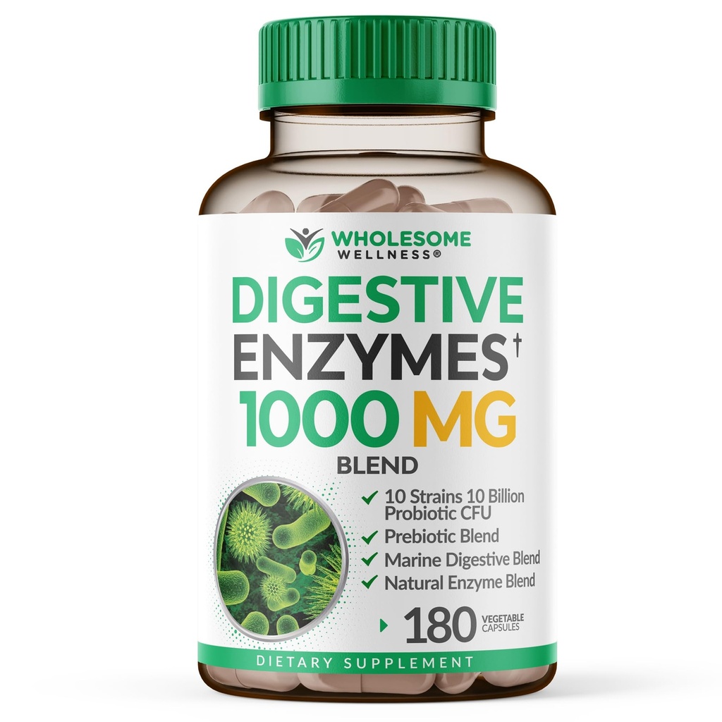 Gli enzimi digestivi del benessere 1000MG Plus Prebiotics & Probiotics Supplement, 180 capsule, formula vegana basata su piante organiche per digestione e lattosio con Amylase & Bromelain, fornitura di 3-6 mesi
