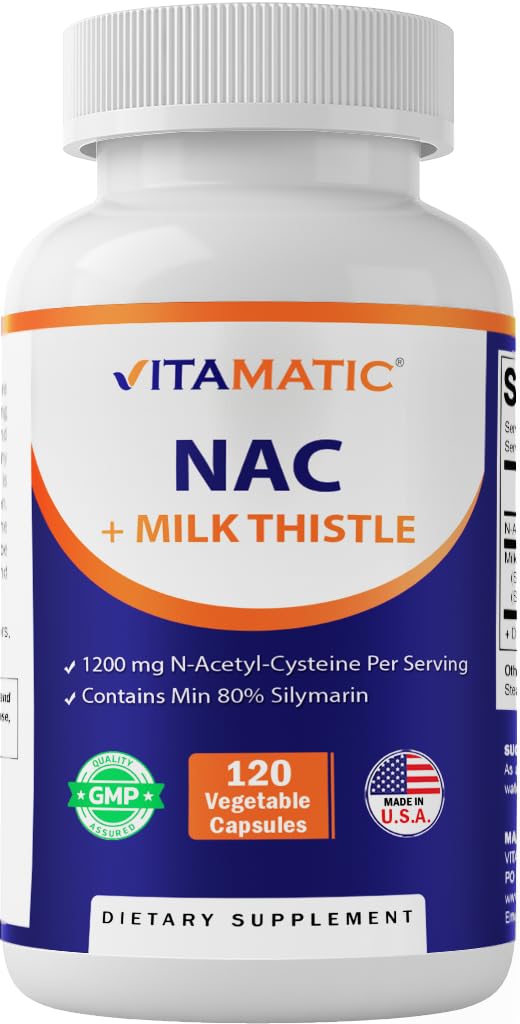 Vitamatic NAC Supplemento N-Acetyl-L-Cysteine (NAC) con estratto di cardo 50:1 - Supporta Immune, Respiratorio, Salute del fegato, 1200 mg per porzione, 120 capsule di veg