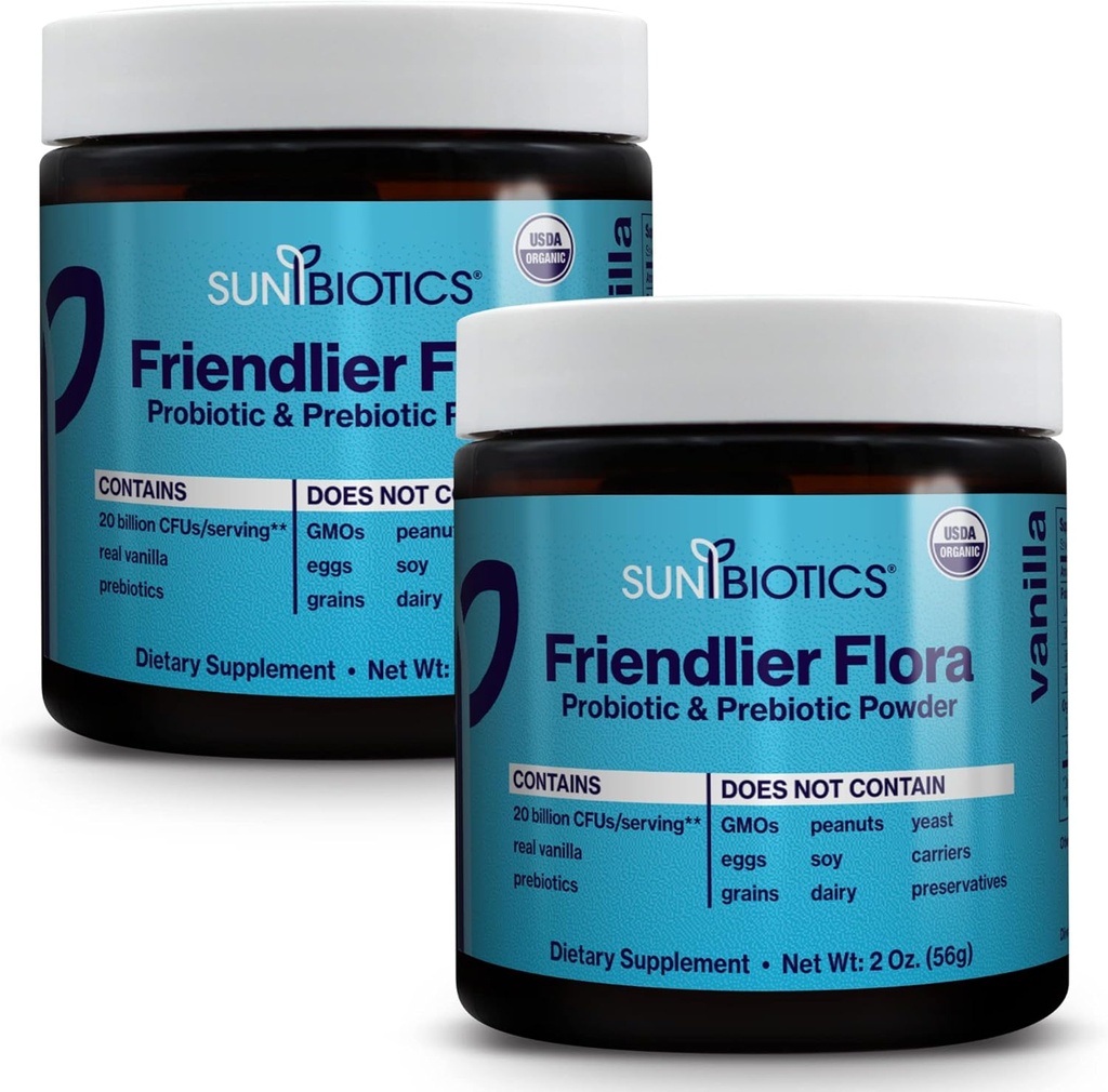 SUNBIOTICS Friendlier Flora - Polvere prebiotica e probiotica per le donne e gli uomini con 20 miliardi di CFU di 4 Strains Probiotici per buona Gut Flora, Sistema immunitario e Microbiome bilanciato - Vanilla, (Pack of 2)