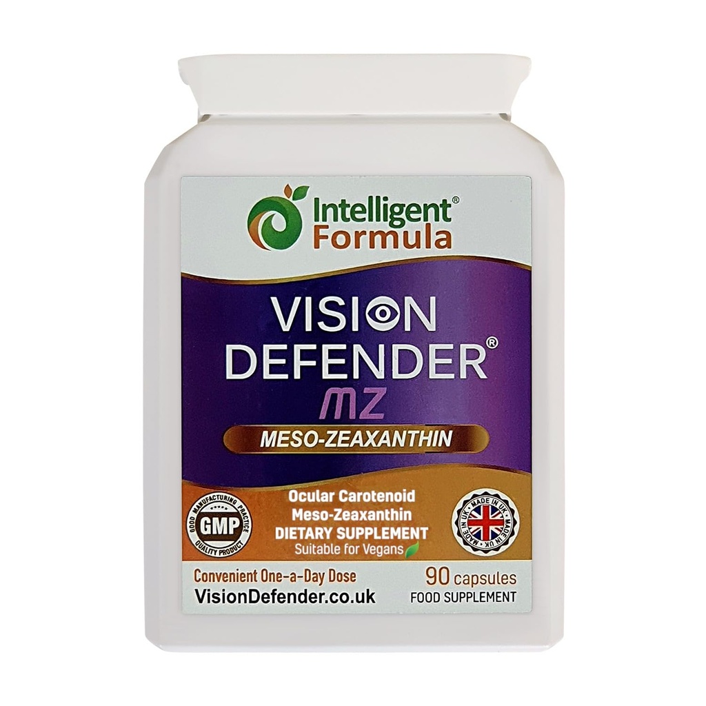 Vision Defender Meso Zeaxanthin Vegan Eye Supplement MZ- Proteggere e migliorare la salute oculare e la cura degli occhi, Meso-Zeaxanthin antiossidante ad alta resistenza per gli occhi (90 capsule / un giornaliero) Made in UK