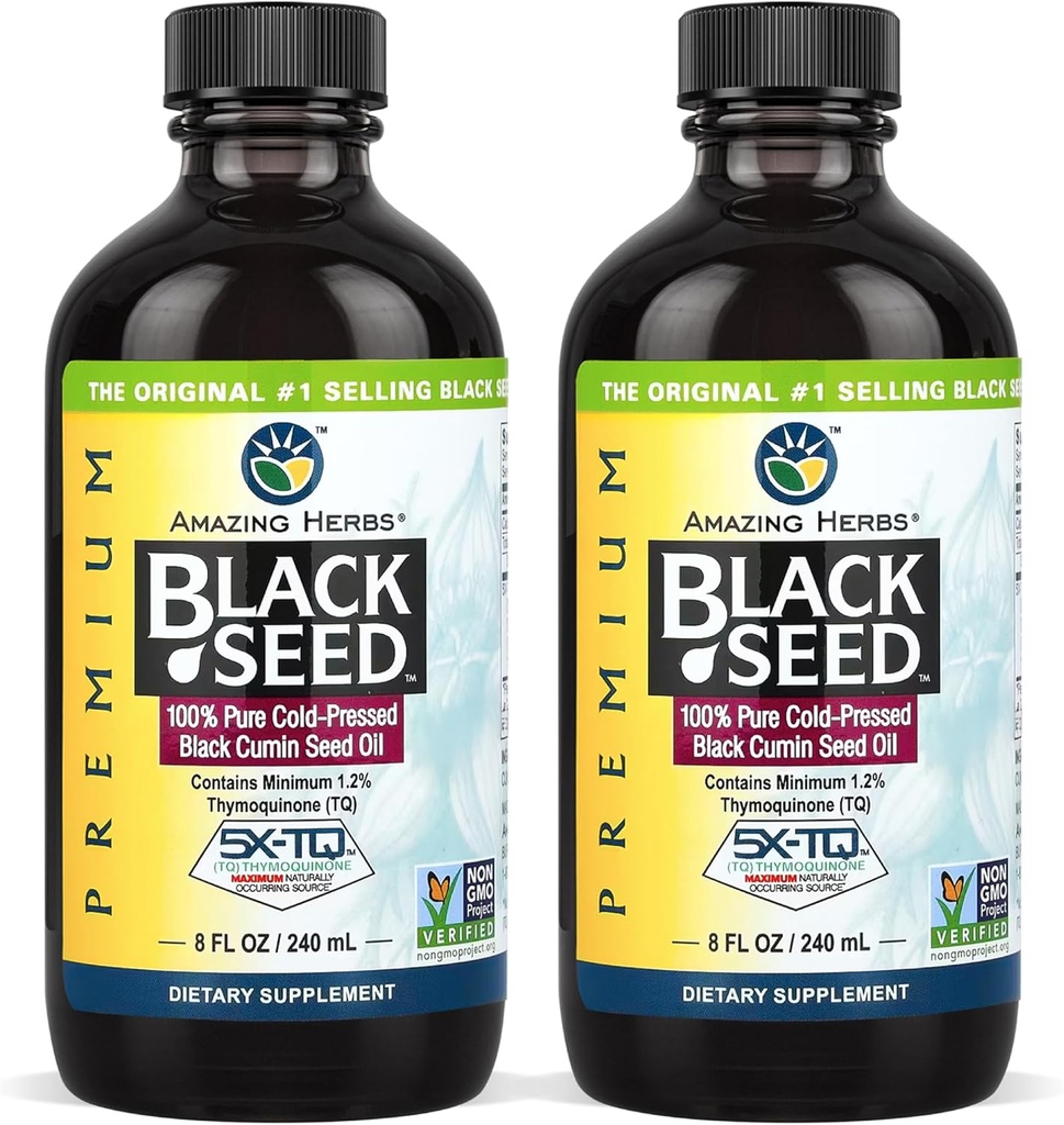 Amazing Herbs Premium Black Seed Oil - Gluten Free, Non OGM, Cold Pressed Nigella Sativa Aids in Digestive Health, Supporto immunitario, Funzione cerebrale - 8 Fl Oz (Pack of 2)