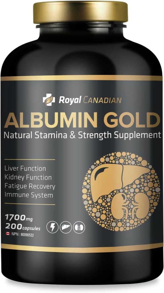 ROYAL CANADIAN Albumin Oro 1700mg | Funzione del fegato | Funzione del rene | Fatigue Recovery | Sistema immunitario (200 x 1700mg capsule)