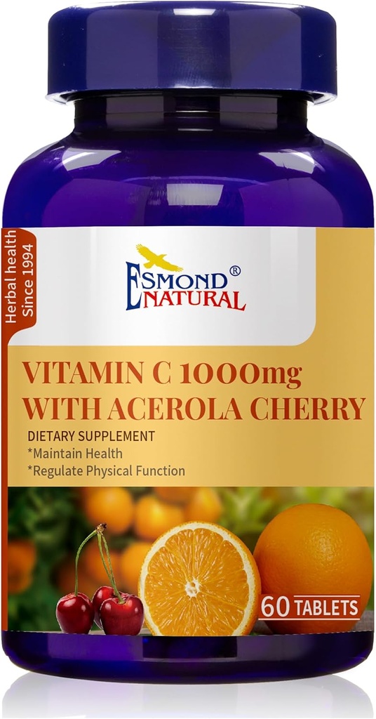 Vitamina C 1000mg con Ciliegia Acerola (Supporti Sistema immunitario, Livelli energetici, Vitalità della pelle), GMP, Prodotto Naturale Assn Certificato, Made in USA - 1000mg, 60 compresse
