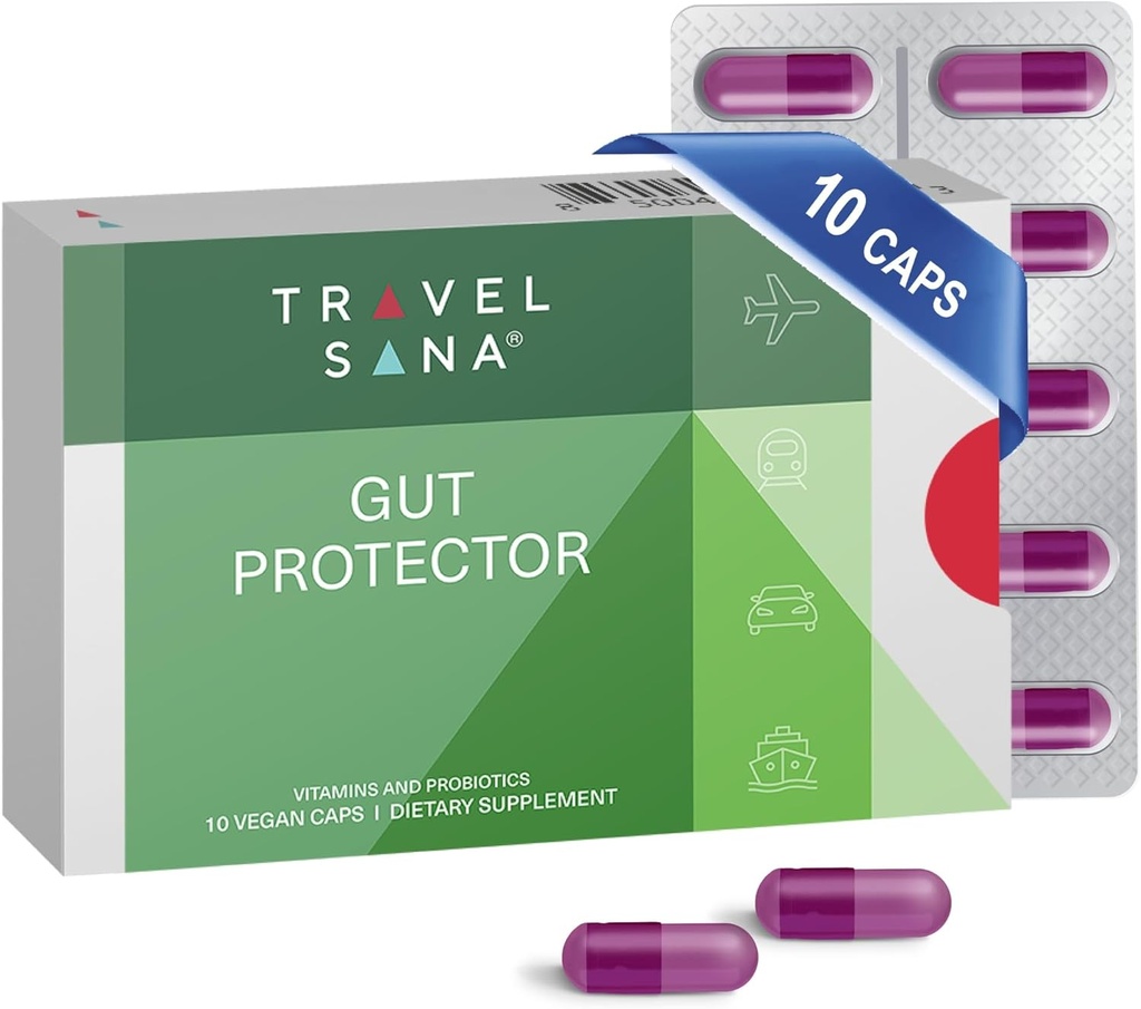 Supporto per la salute digestivo per i viaggiatori |Stop & Prevenire Diarrea, Bloating, Gas |Boost Immune System |Probiotics & Essential Vitamins |Fast-Acting |10 Vegan Caps