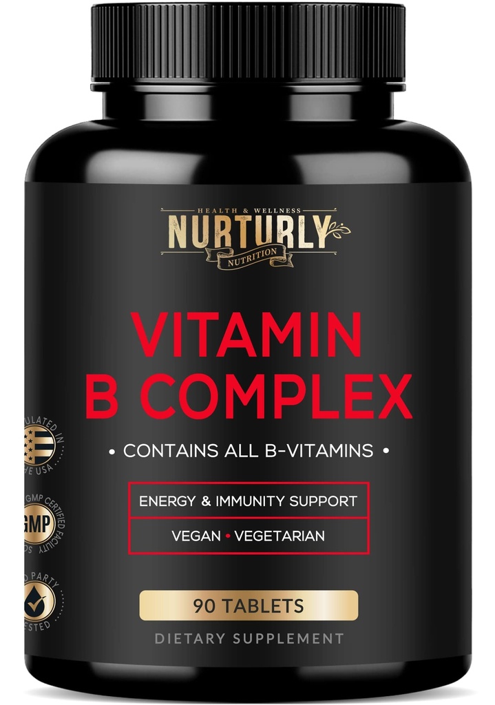 Vitamina B Complex - Contiene tutte le vitamine B essenziali - B1, B2, B3, B5, B6, B7, B9, B12 e Biotin - Super B Vitamine complesse per l'energia, l'immunità e il supporto al mood - 90 compresse