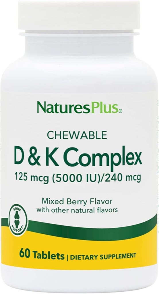 Natures Plus D & K Complex - 60 Masticabili di bacche miste - Supporta il metabolismo del calcio - Vegetariano, Non OGM, Gluten Free, Soy Free - 60 Serve