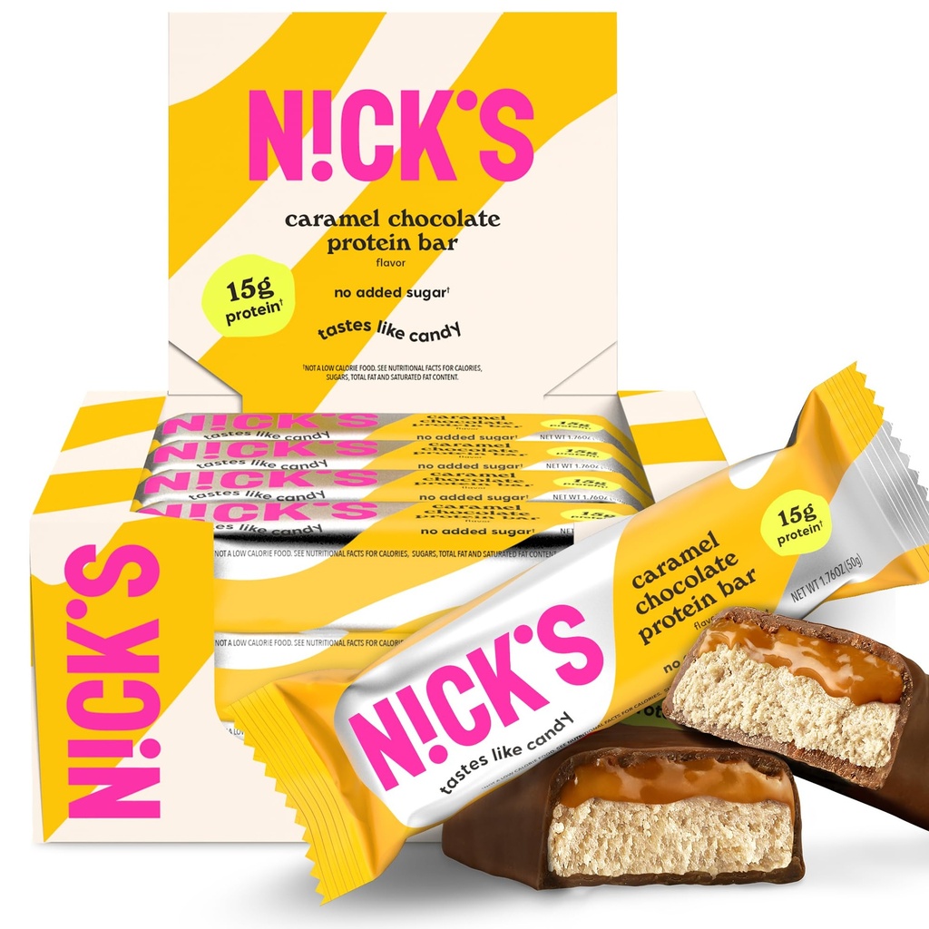 Nick’s Chocolate Caramel Protein Bars – 12-Count Box | High Protein, Calorie basse, Carbi bassi, Keto Friendly, Non Aggiunto Zucchero