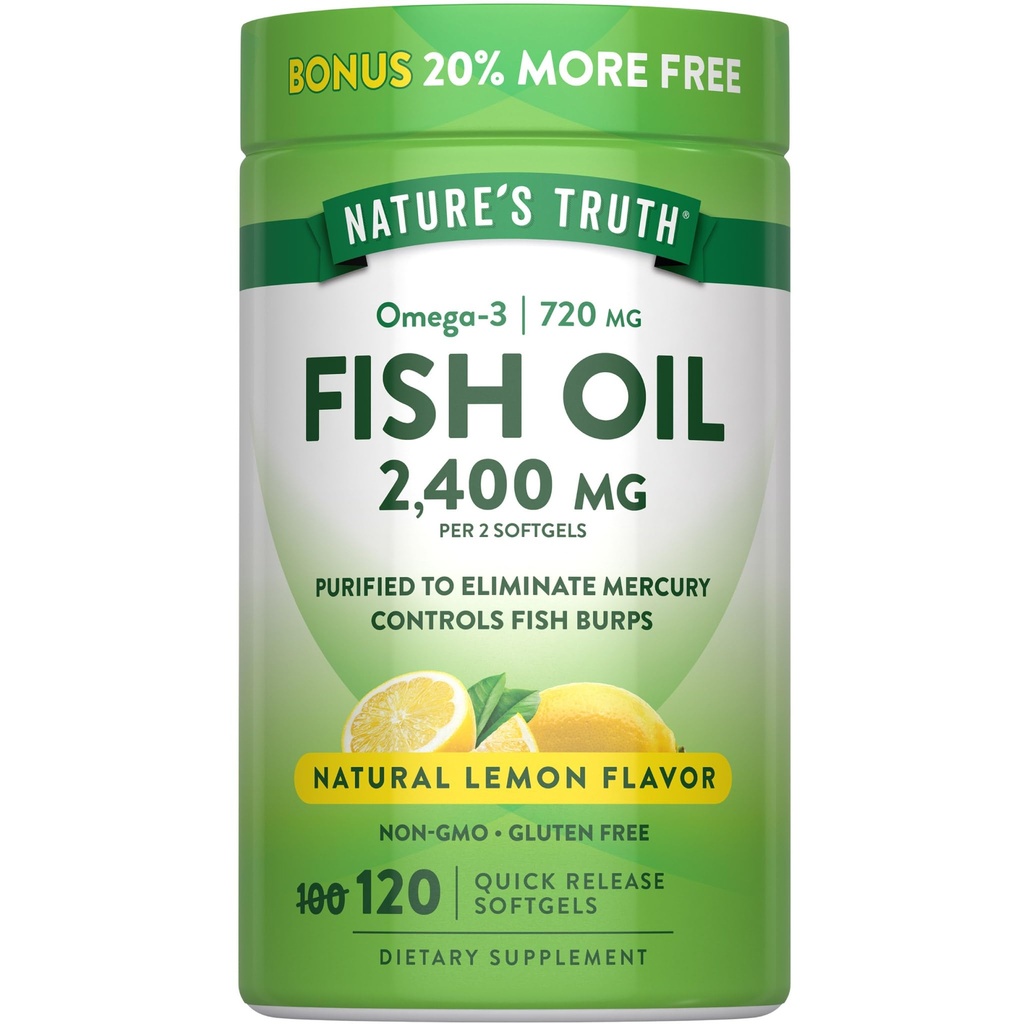 Nature's Truth Fish Oil 2400mg | 120 Quick Release Softgels | 720 mg Omega 3 | Burpless Lemon Flavor Pills | Non-GMO & Gluten