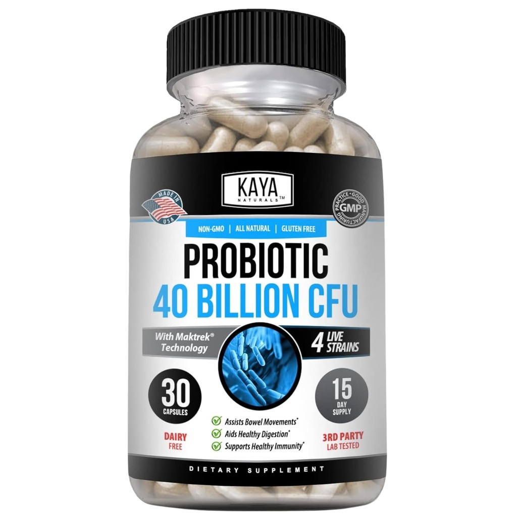Kaya Naturals Probiotic 40 miliardi di CFU - Probiotici per le donne, Probiotici per gli uomini e gli adulti, Natural - Gut Health & Immune Support Supplement - Promuove la salute digestiva - 30 Conte