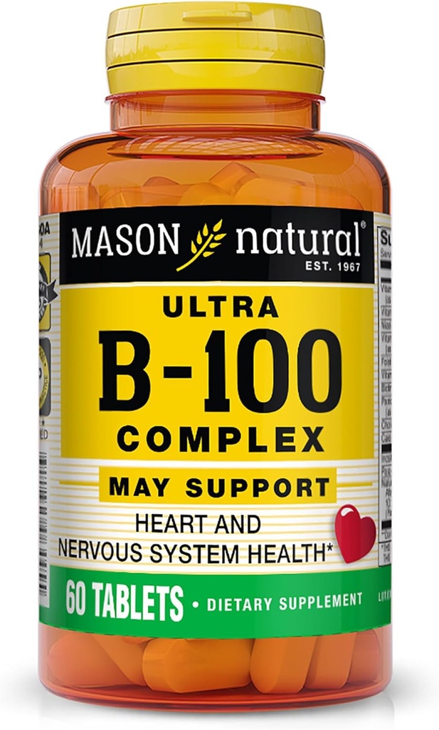 MASON NATURAL Ultra B-100 Complex - Cuore sano e sistema nervoso, migliora la funzione immunitaria e il metabolismo energetico, 60 compresse