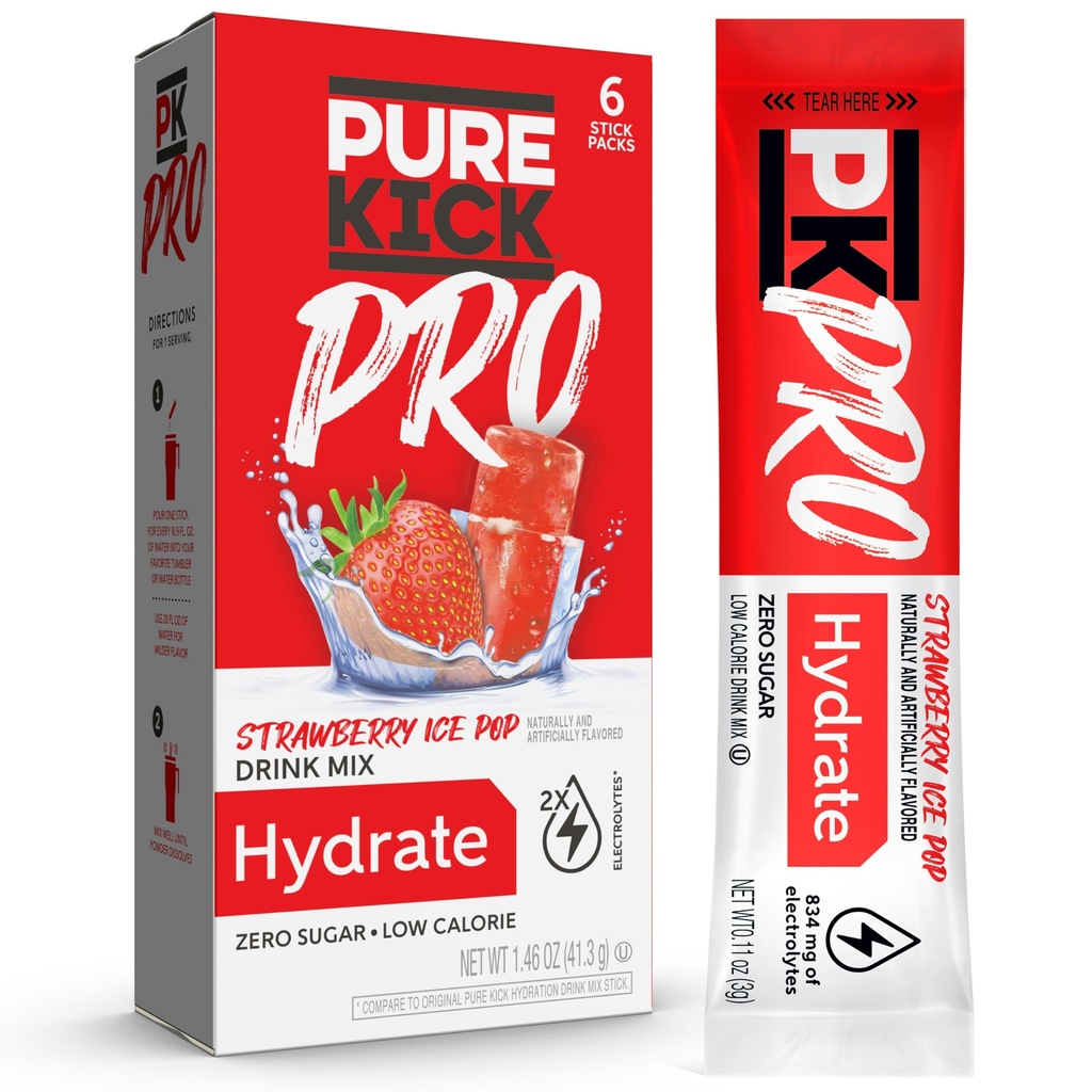 PURE KICK PRO Hydration Electrolyte Drink Mix, Strawberry Ice Pop, Include 1 scatola con 6 pacchetti in ogni scatola