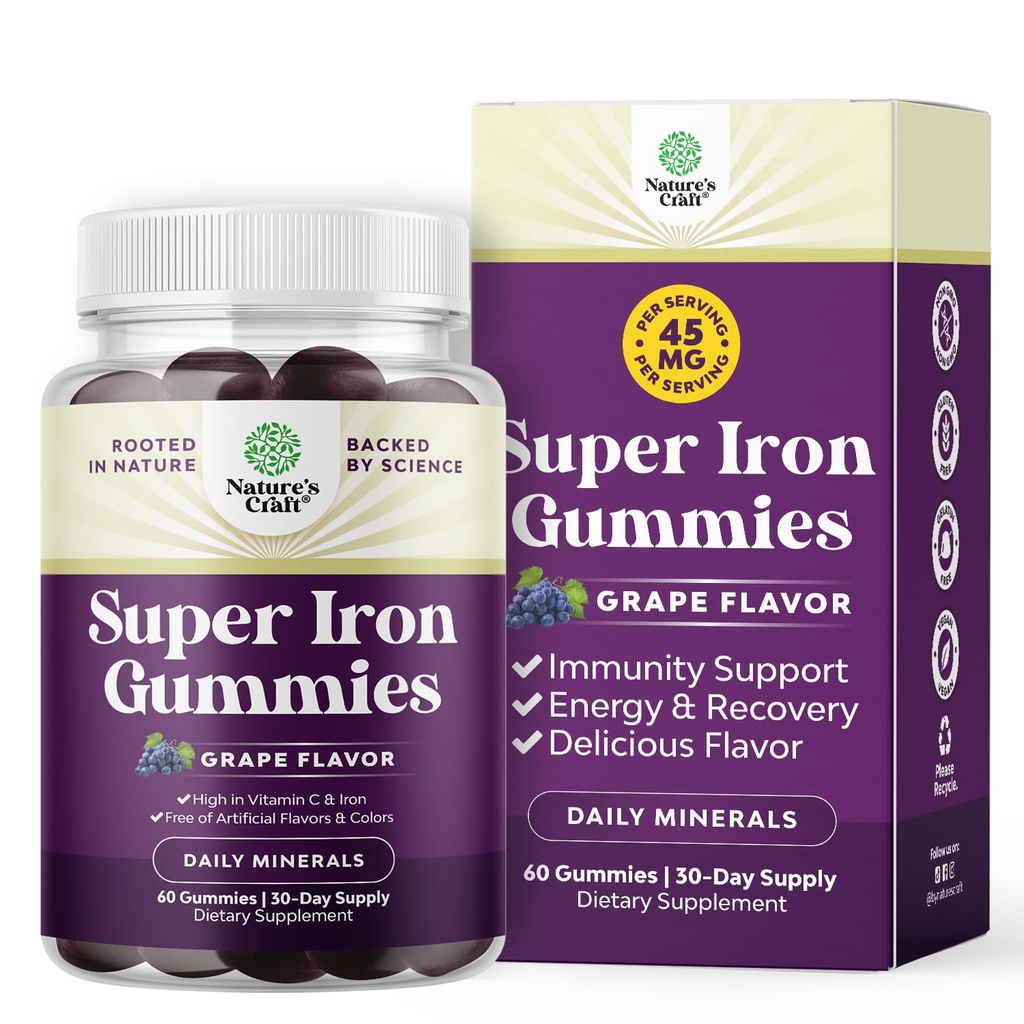 Gummie di ferro ad alta resistenza per le donne e gli uomini - Potente 45mg per la porzione chewable supplemento per le donne e gli uomini con vitamina C per l'assorbimento più alto - Vegan Daily Iron Gummy Nessun aroma artificiale