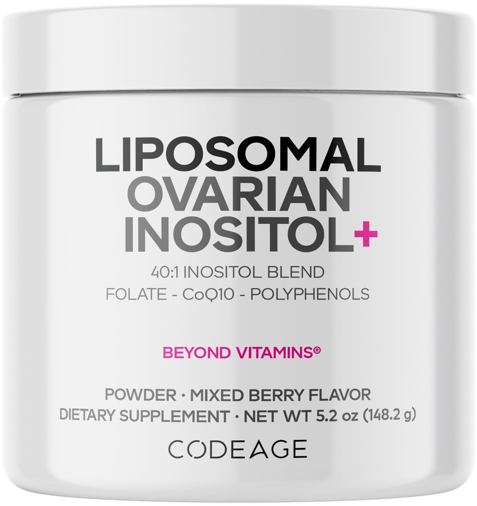 Codeage Liposomal Ovarian Inositol Powder - Myo-Inositol & D-Chiro-Inositol 40:1 Blend, Folate 5-MTHF, CoQ10, Pomegranate & Wild Blueberry - Alimentazione 2-Month - Aroma di bacche miste - Non-GMO, 60 Servings
