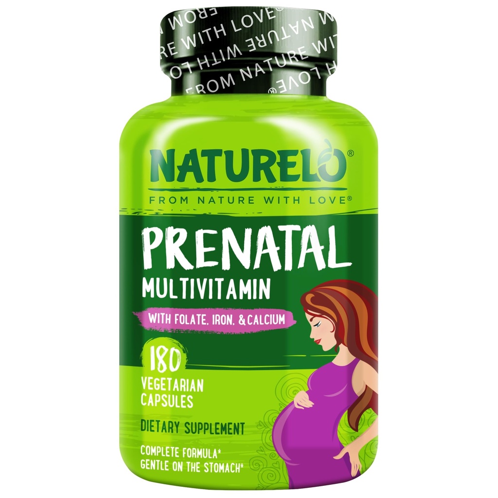 NATURELO Prenatal Multivitamin con Gentle Chelated Iron, Methyl Folate, Plant Calcium & Choline - Vegan, Vegetariano - Non OGM - Gluten Free - 180 Capsule - 2 Mesi di Alimentazione