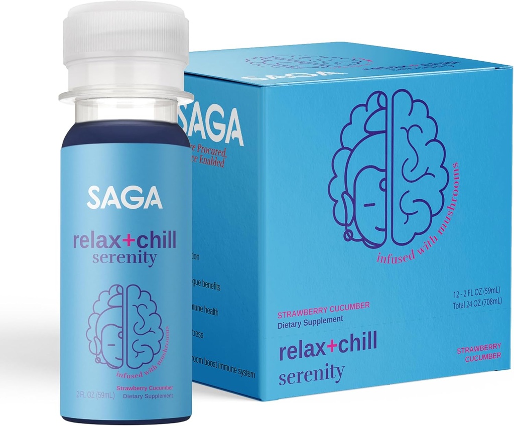 SAGA Organic Relaxation Shots | Contiene adaptogens & Mushrooms - Lion's Mane & Kava | High Bioavailability & Fast Onset | Elevate Mood & Save Fatigue | Strawberry Cucumber 2oz Shots (12-Pack)