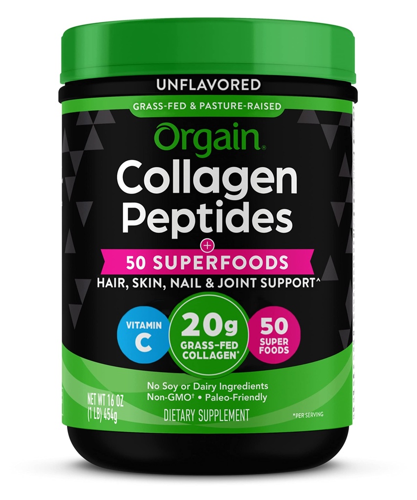Polvere di collagene idrolizzata dell'orgaina + 50 Superfood organici per le donne e gli uomini, 20g di collagene di erba con vitamina C, non aromatizzato - Capelli, Pelle, Unghie, & supplemento di supporto comune, Non-OGM, Tipo I & III, 1lb