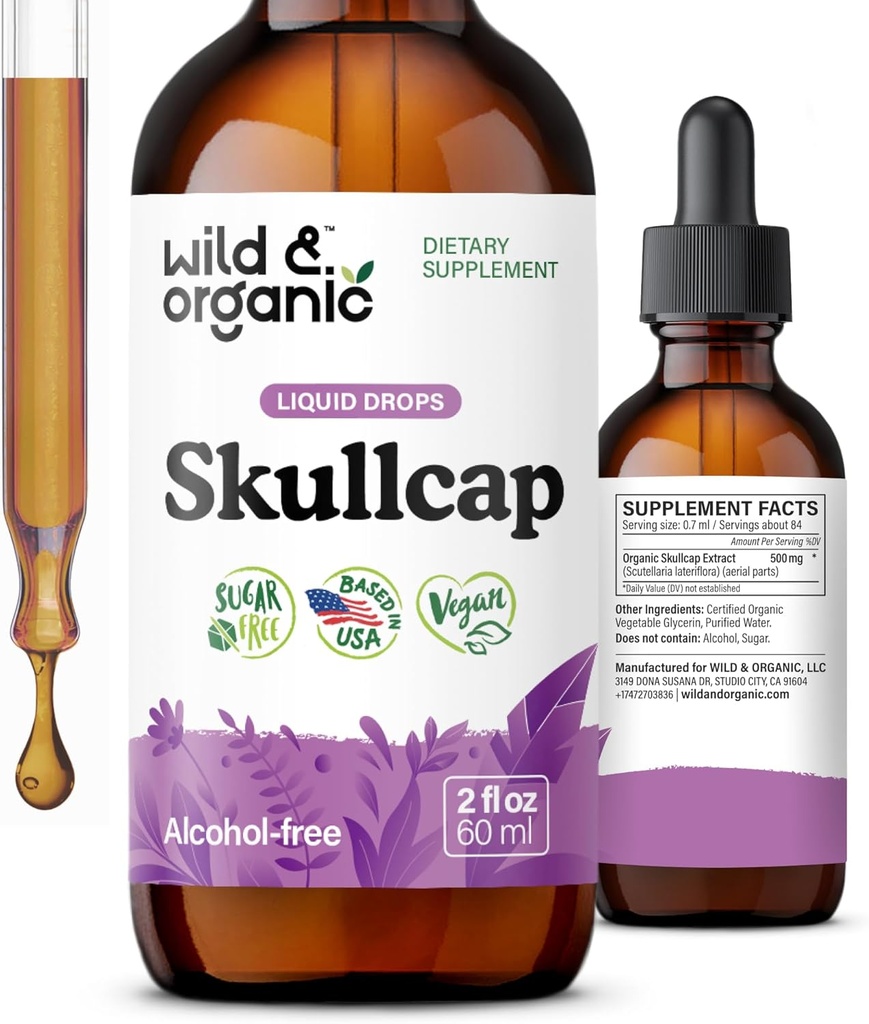 Wild & Organic Skullcap Tincture - Relax, Buono Mood, Calma - Liquid Skullcap Herb Supplement - Vegan, Sugar & Alcohol-Free Drops - 2 fl oz