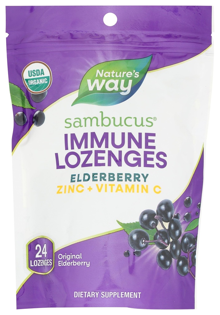 Senso di natura Sambucus Immune Lozenges, Zinc + Vitamina C, Black Elderberry Extract, USDA Certified Organic, Original Berry Flavored, 24 Lozenges (Packaging May Vary)